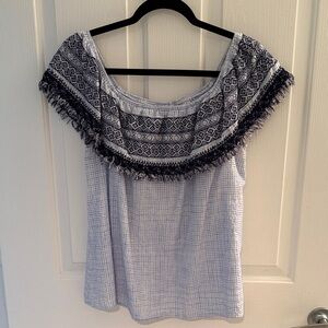 Entro Navy and White Embroidered Women's Off Shoulder Top. Size L